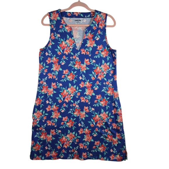 Lands End Dress Womens Medium Blue Floral Sleeveless Tank Shift Summer Pockets - Picture 1 of 9